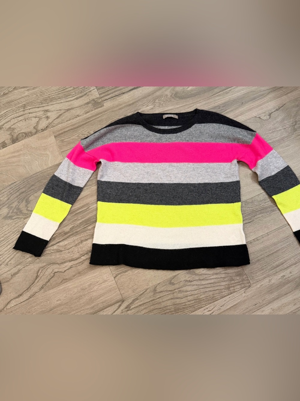 Brodie Cashmere Striped Crewneck Sweater in Hot Pink, Neon Yellow, Gray & Black